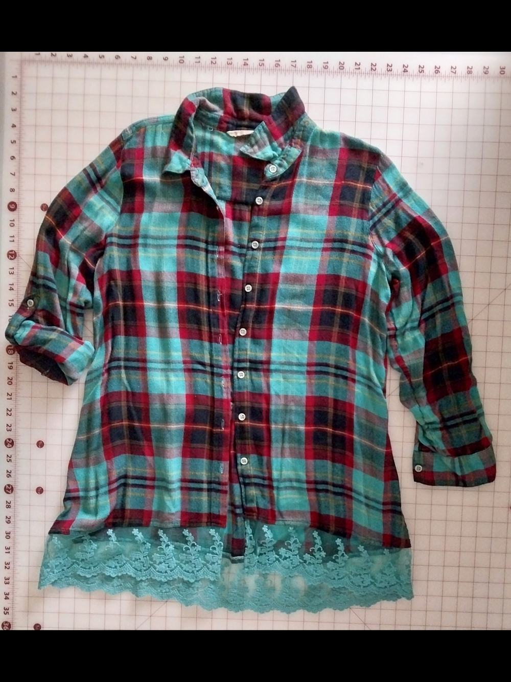 Soft Surroundings Teal, Red And Black Plaid Button-Up with Lace Trim